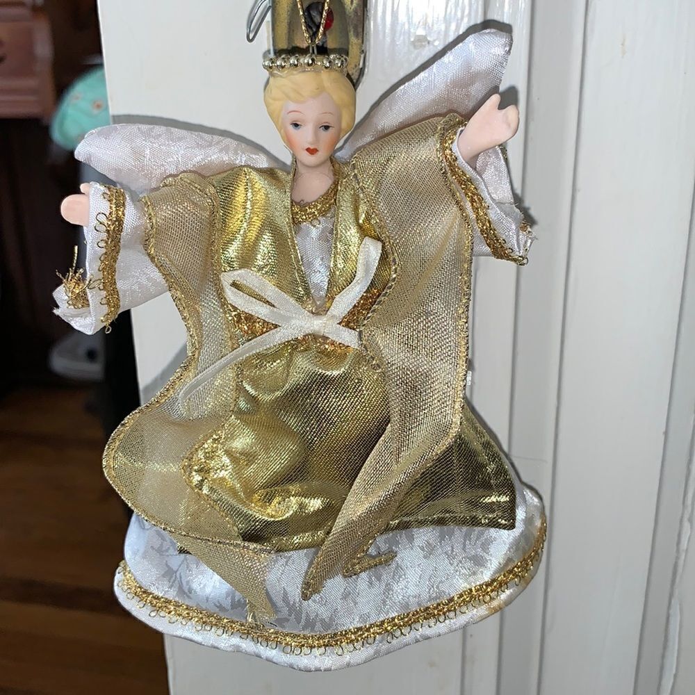 Pretty gold & white angel with porcelain‎ head Christmas tree ornament
